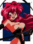  1990s_(style) 1girl araizumi_rui_(style) bakuretsu_hunters black_leotard breasts cleavage floating_hair highres holding holding_whip large_breasts leotard looking_to_the_side open_mouth potiri02 red_eyes red_hair smile solo tira_misu 