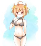  1girl bikini black_bikini blush embarrassed eyebrows_visible_through_hair hair_ornament highres kirara_(kirara_fantasia) kirara_fantasia ma_tsukasa medium_hair midriff navel orange_eyes orange_hair solo star_(symbol) star_hair_ornament swimsuit twintails 