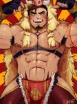  1boy abs bara beard biceps blue_eyes brown_hair bulge chest collar facial_hair fang flexing gullinbursti_(tokyo_houkago_summoners) highres looking_at_viewer male_focus muscle nipples pectorals pose ruslorc smile solo thigh_cutout tokyo_houkago_summoners 