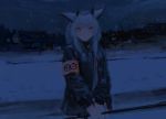  1girl :o absurdres animal_ears arknights armband as4kla bangs black_jacket blunt_bangs blush commentary_request headwear highres holding holding_staff holding_weapon jacket long_hair long_sleeves night open_mouth orange_eyes outdoors owl_ears ptilopsis_(arknights) rhine_lab_logo scenery sidelocks snow snowing solo staff weapon white_hair 