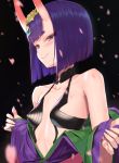  1girl bangs bare_shoulders bob_cut breasts collarbone commentary_request eyeliner fate/grand_order fate_(series) headpiece highres horns japanese_clothes kimono long_sleeves looking_at_viewer makeup maru_(maru1625) oni oni_horns purple_eyes purple_hair purple_kimono revealing_clothes short_hair shuten_douji_(fate/grand_order) skin-covered_horns small_breasts wide_sleeves 