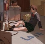  1girl asymmetrical_hair boots box brown_eyes brown_hair closed_mouth hair_ornament hairclip iwakura_lain knees koorihibari miniskirt pleated_skirt ribbon school_uniform serial_experiments_lain short_hair sitting skirt solo x_hair_ornament 