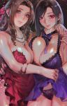  2girls aerith_gainsborough aoin armlet black_hair bow bowtie breast_press breasts brown_hair chromatic_aberration cleavage crescent crescent_earrings dress dress_lift earrings final_fantasy final_fantasy_vii final_fantasy_vii_remake green_eyes highres jewelry lace lace-trimmed_panties large_breasts locked_arms looking_at_viewer multiple_girls nail_polish necklace panties parted_lips pubic_hair pubic_hair_peek purple_dress red_dress red_eyes red_nails smile star_(symbol) star_earrings star_necklace tifa_lockhart unaligned_breasts underwear 