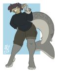  3_toes 5_fingers 8762e13 anthro belt big_tail blue_eyes bottomwear cargo_shorts clothing female fingers fish gesture hair hi_res huge_tail leaning leaning_forward looking_at_viewer marine paws shark shirt short_hair shorts simple_background solo standing sweater toes topwear v_sign 