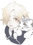  1boy androgynous black_jacket black_neckwear blonde_hair blush brown_eyes collared_shirt gokotai hair_over_one_eye jacket looking_at_viewer male_focus necktie one_eye_covered parted_lips portrait shirt short_hair simple_background solo tasaka_shinnosuke tiger touken_ranbu white_background white_shirt wing_collar 