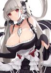  1girl absurdres azur_lane bangs bare_shoulders between_breasts black_dress breasts brown_eyes cleavage closed_mouth commentary_request dress eyebrows_visible_through_hair formidable_(azur_lane) frilled_dress frills grey_hair hair_ribbon highres large_breasts long_hair ribbon sanba_tsui silver_hair twintails two-tone_dress two-tone_ribbon very_long_hair white_background 