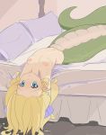  1girl armpits arms_behind_head artist_request bandaid bandaids_on_nipples bed blonde_hair blue_eyes blush breasts closed_mouth hair_ornament hair_ribbon highres indoors jashin-chan jashin-chan_dropkick lamia long_hair looking_at_viewer monster_girl navel no_bra on_bed pasties ribbon shiny shiny_skin small_breasts smile solo source_request upside-down 