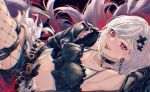  1girl alter_ego_malevolent_(granblue_fantasy) black_jacket breasts choker crop_top djeeta_(granblue_fantasy) fishnet_legwear fishnets granblue_fantasy grey_hair hair_ornament jacket jewelry looking_at_viewer medium_breasts midriff navel omotim000 red_eyes short_hair smile solo tongue tongue_out 