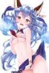  1girl animal_ears bangle bangs bare_arms bare_shoulders bikini bikini_skirt blue_flower blue_hair blue_skirt blush bracelet breasts brown_eyes bunny_ears chain cleavage commentary_request cowboy_shot ear_piercing earrings embarrassed erune eyebrows_visible_through_hair ferry_(granblue_fantasy) flower gloves granblue_fantasy hair_between_eyes hair_flower hair_ornament hand_on_own_chest highres jewelry long_hair looking_at_viewer medium_breasts navel open_mouth panties piercing simple_background skirt skirt_lift skirt_tug small_breasts solo stomach swimsuit thighs tomo_(user_hes4085) underboob underwear very_long_hair wavy_hair wavy_mouth white_background white_bikini white_panties 
