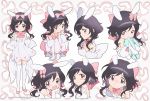  1girl :d :t all_fours animal_ears back_bow bare_shoulders black_hair blush bow bowtie bunny_ears closed_mouth commentary detached_collar dress elbow_gloves english_commentary expressions gloves hair_bow hand_on_own_chin heart kaze-hime looking_at_viewer multiple_views no_shoes object_hug open_mouth original pikkorin_bunny_(kaze-hime) pink_bow pink_footwear pink_neckwear purple_eyes shoes sidelocks sleeveless sleeveless_dress smile stuffed_animal stuffed_bunny stuffed_toy tears thighhighs watermark web_address white_dress white_gloves white_legwear 