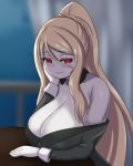  1girl blonde_hair blurry blurry_background braid breast_rest breasts chin_rest commentary depth_of_field detached_arm eyebrows_visible_through_hair french_braid hair_between_eyes highres huge_breasts long_hair long_sleeves looking_at_viewer monster_girl_encyclopedia nav off_shoulder pale_skin red_eyes sitting solo very_long_hair wight_(monster_girl_encyclopedia) 