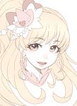  1girl :d blonde_hair character_request copyright_request earrings eyebrows_visible_through_hair hair_ornament jewelry lips long_hair looking_at_viewer open_mouth ponytail portrait precure red_eyes round_teeth simple_background smile solo tasaka_shinnosuke teeth upper_teeth white_background 