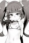  1girl bare_shoulders bikini character_request choker closed_mouth flat_chest gloves greyscale hair_ornament hand_up looking_at_viewer micro_bikini monochrome navel precure smile solo swimsuit tasaka_shinnosuke twintails unmoving_pattern upper_body 