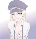  1girl blonde_hair breasts cleavage collarbone eyebrows_visible_through_hair girls_frontline green_eyes hair_between_eyes hat highres leaning_forward long_hair looking_at_viewer military_hat necktie open_clothes open_shirt shirt simple_background small_breasts smile solo stg44_(girls_frontline) suprii truth white_shirt 