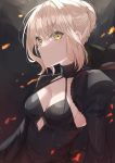  1girl absurdres artoria_pendragon_(all) bangs black_dress blonde_hair braid breasts cleavage closed_mouth collarbone commentary dress embers fate/stay_night fate_(series) french_braid hair_ribbon highres juliet_sleeves kanniepan long_sleeves looking_at_viewer medium_breasts puffy_sleeves ribbon saber_alter short_hair solo upper_body yellow_eyes 