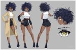  1girl afro ass bare_legs black_shorts border breasts buttons chaesu character_sheet commentary crop_top dark_skin detached_sleeves english_commentary facing_away facing_viewer flat_ass full_body grey_background hair_between_eyes hand_on_hip high-waist_shorts highres legs multiple_views nara_(chaesu) original ringlets shoes shorts sleeveless sleeveless_turtleneck small_breasts sneakers solo trench_coat turnaround turtleneck very_dark_skin white_border yellow_eyes 