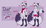  2019 ambiguous_gender anthro arctic_fox canid canine clothed clothing digitigrade dust_(mewgle) english_text fluffy fluffy_tail fox fur grey_body grey_fur hi_res mammal mewgle model_sheet purple_background purple_eyes scarf simple_background smile solo standing text topwear white_body white_fur 