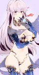  1girl absurdres armlet armor bangs bikini_armor blush bracelet breasts cleavage collar earrings fate/grand_order fate_(series) flower hair_ribbon highres jewelry kama_(fate/grand_order) large_breasts long_hair looking_at_viewer lotus metal_collar navel o-los red_eyes ribbon ring silver_hair smile thighlet thighs 