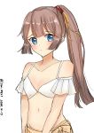  1girl absurdres bikini brown_hair collarbone commentary_request dated flat_chest hair_ribbon highres kantai_collection kazagumo_(kantai_collection) long_hair looking_at_viewer ponytail ribbon sarong side-tie_bikini silver_eyes simple_background solo swimsuit tamako_(sui_8931) twitter_username white_background white_bikini 