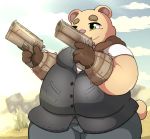  2020 anthro belly bottomwear brown_body brown_fur clothing fur hi_res inigo_(kusosensei) kemono kusosensei male mammal outside overweight overweight_anthro overweight_male pants solo ursid weapon 