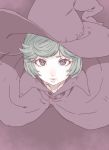  1girl bangs berserk cape check_copyright collared_cape copyright_request green_hair hat looking_at_viewer parted_lips purple_cape purple_eyes purple_headwear ringed_eyes schierke short_hair solo swept_bangs tasaka_shinnosuke upper_body witch_hat 