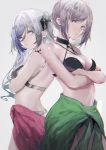  2girls alternate_costume anths_irasuto bangs bare_shoulders bikini black_bikini blue_hair breasts character_request choker crossed_arms expressionless gradient gradient_background grey_hair halter_top halterneck highres iron_saga large_breasts long_hair medium_breasts multiple_girls purple_eyes purple_hair sarong short_hair sidelocks silver_bikini swimsuit 