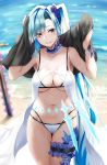  1girl asymmetrical_bangs bangs bare_shoulders beach bikini blue_hair blush breasts character_request cleavage collarbone cowboy_shot day eyebrows_visible_through_hair fate/grand_order fate_(series) hair_ornament hair_scrunchie head_tilt highres large_breasts leg_garter long_hair looking_at_viewer navel neck_garter nicky_w ocean one_side_up outdoors parted_lips planted_sword planted_weapon purple_eyes scrunchie see-through smile solo stomach swimsuit sword thighs towel very_long_hair water weapon white_bikini 