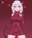  &lt;3 &lt;3_eyes 2020 artist_lonerfox bottomwear breasts clothed clothing demon female hair helltaker hi_res horn humanoid jacket modeus_(helltaker) not_furry red_background red_eyes simple_background skirt solo spade_tail sweater topwear white_hair 