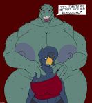  absurd_res anthro avian big_breasts bird breasts croclady crocodilian dialogue elektr0 english_text female hi_res huge_breasts larger_female mature_female non-mammal_breasts nude red_background reptile scalie simple_background size_difference smaller_female text topaz_(elektr0) 