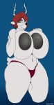  absurd_res anthro areola big_areola big_breasts blue_background breasts cervid clothed clothing elektr0 female fur gradient_background hair hi_res huge_breasts hyper hyper_breasts mammal nipples red_hair simple_background solo topless white_body white_fur 