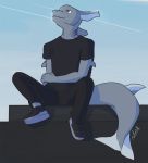  anthro black_clothing bottomwear cel_shading clothed clothing fin fish footwear hi_res male marine ngmah pants shark shark_tail shirt shoes simple_background sneakers solo topwear 