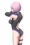  1girl absurdres arched_back armpits arms_up ass back_cutout bare_shoulders black_gloves black_legwear black_leotard bob_cut breasts cowboy_shot elbow_gloves eyebrows_visible_through_hair fate/grand_order fate_(series) from_behind gloves hands_on_own_neck highres kyounami leotard mash_kyrielight medium_breasts parted_lips purple_eyes purple_hair short_hair simple_background single_thighhigh solo thigh_strap thighhighs thighs white_background 