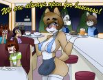  abby_doug ailurid anthro big_nipples canid canine canis clothing domestic_dog english_text female food furniture hair half_clothed hi_res looking_at_viewer male mammal marco_wakeman martha_wakeman mcfly0crash miranda_doug nipples open_mouth public red_panda restaurant sitting smile table text thick_thighs waiter 