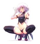  1girl bandaged_arm bandages belt black_legwear black_panties blush body_markings breasts cleavage_cutout commentary fate/apocrypha fate/grand_order fate_(series) green_eyes grey_hair hand_gesture high_heels highres jack_the_ripper_(fate/apocrypha) looking_at_viewer lowleg lowleg_panties navel panties purple_footwear short_hair shoulder_tattoo simple_background small_breasts stomach tattoo thighhighs tongue tongue_out ulrich_(tagaragakuin) underwear white_background 