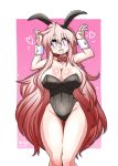  1girl animal_ears ass_visible_through_thighs black_leotard bow bowtie breasts bunny_ears bunny_pose bunnysuit commentary_request cowboy_shot detached_collar fake_animal_ears glasses highleg highleg_leotard large_breasts leotard long_hair looking_at_viewer lucky_star mizushima_(p201112) pink_hair purple_eyes red_neckwear smile solo strapless strapless_leotard takara_miyuki very_long_hair wrist_cuffs 