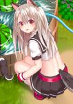 1girl :d animal animal_ears azur_lane bangs black_sailor_collar black_skirt blush braid commentary_request crop_top day eyebrows_visible_through_hair fingerless_gloves flower food from_behind fruit gloves grey_hair hair_between_eyes hose long_hair looking_at_viewer looking_back loose_socks midriff one_side_up open_mouth outdoors pleated_skirt puffy_short_sleeves puffy_sleeves purple_flower red_eyes red_footwear red_gloves revision sailor_collar shirt shoes short_sleeves skirt smile socks solo squatting tail thick_eyebrows tsukino_neru water watermelon white_legwear white_shirt wolf wolf_ears wolf_girl wolf_tail yuudachi_(azur_lane) 