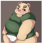  2020 anthro belly blush brown_body brown_fur clothing fur green_eyes hi_res inigo_(kusosensei) kusosensei male mammal obese obese_anthro obese_male overweight overweight_anthro overweight_male shirt solo topwear underwear ursid 