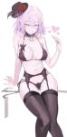  1girl bare_arms bare_shoulders black_bra black_choker black_panties bra breasts choker cleavage feathers flower freng garter_belt half-closed_eyes hand_up hat invisible_chair large_breasts looking_at_viewer lucid maplestory navel panties parted_lips pointy_ears purple_eyes purple_hair red_flower rose short_hair side-tie_panties sidelocks simple_background sitting smile solo stomach string_bra string_panties thighs tilted_headwear top_hat underwear underwear_only untied untied_panties white_background 