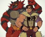  2boys abs arm_hair bara bare_shoulders beowulf_(skullgirls) chest crossover facial_hair flexing furry gen_7_pokemon highres incineroar male_focus manly multiple_boys muscle pokemon pose ruslorc sideburns simple_background skullgirls smile stubble suspenders thick_thighs thighs wrestling 
