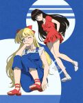  2girls ;) aino_minako arms_behind_back artist_name bangs bishoujo_senshi_sailor_moon black_hair blonde_hair blue_eyes bow breasts chin_rest closed_mouth commentary dress elbow_on_knee elbow_rest eyebrows_visible_through_hair full_body hair_bow hino_rei kaze-hime leaning_forward long_hair looking_at_viewer multiple_girls one_eye_closed overalls purple_eyes red_bow red_dress red_footwear sandals shirt short_dress short_sleeves sitting sleeveless sleeveless_shirt small_breasts smile standing white_footwear white_shirt 