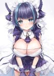  1girl :3 aqua_eyes azur_lane bangs blue_eyes blue_hair blunt_bangs blush breasts cheshire_(azur_lane) cleavage closed_mouth commentary_request cowboy_shot cross dress eyebrows_visible_through_hair frills gedou_(shigure_seishin) hairband headdress highres large_breasts looking_at_viewer maid maid_headdress multicolored_hair ribbon short_hair short_sleeves simple_background skindentation smile solo streaked_hair tagme v_arms white_background white_legwear wrist_cuffs 