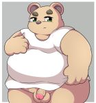  2020 anthro balls brown_body brown_fur clothing fur genitals green_eyes hi_res inigo_(kusosensei) kusosensei male mammal obese obese_anthro obese_male overweight overweight_anthro overweight_male penis shirt simple_background solo topwear ursid 