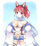  1girl animal_ears breasts character_request cleavage clenched_hands detached_sleeves fake_animal_ears hands_on_hips highres kirara_fantasia ma_tsukasa medium_breasts navel red_eyes red_hair scarf solo v-shaped_eyebrows 
