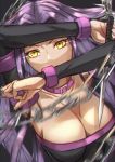  1girl announ_(kurotya) black_background black_dress black_sleeves breasts cleavage collar commentary_request crossed_arms dagger detached_sleeves dress fate/stay_night fate_(series) fighting_stance highres holding holding_dagger holding_weapon large_breasts long_sleeves purple_collar purple_hair rider strapless strapless_dress weapon wrist_cuffs yellow_eyes 