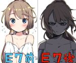  1girl bags_under_eyes before_and_after bikini blue_eyes brown_hair check_translation collarbone commentary_request flat_chest hair_ribbon kantai_collection kazagumo_(kantai_collection) laco_soregashi long_hair looking_at_viewer multiple_views ponytail ribbon simple_background swimsuit translation_request white_background white_bikini 