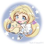  1boy 1girl blonde_hair blue_eyes chibi copyright_name dated eve_(gundam_build_divers_re:rise) gundam gundam_build_divers gundam_build_divers_re:rise haro kuga_hiroto robot shokkaa_(shmz61312) star_(symbol) twintails 