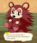  2020 absurd_res animal_crossing anthro big_breasts bodily_fluids breasts brown_body brown_fur english_text eulipotyphlan female flying_sweatdrops fur genitals half-closed_eyes hedgehog hi_res mammal narrowed_eyes nintendo nipples nude pussy sable_able solo sweat sweatdrop team_pervy text video_games 