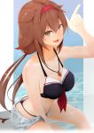  1girl absurdres adapted_costume bikini black_bikini breasts brown_eyes brown_hair cleavage commentary_request cowboy_shot fang hair_flaps hairband highres kantai_collection long_hair looking_at_viewer low_ponytail low_twintails medium_breasts red_hairband remodel_(kantai_collection) shiratsuyu_(kantai_collection) short_ponytail shorts skin_fang solo swimsuit terebi- thong_bikini twintails whale_tail whistle whistle_around_neck white_shorts 