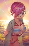  1girl alternate_hairstyle arms_behind_back backlighting bangs bikini blush breasts cleavage closed_mouth commentary_request cowboy_shot fate/grand_order fate_(series) glasses hair_over_one_eye halter_top halterneck horizon large_breasts lavender_hair leaning_forward looking_at_viewer mash_kyrielight multicolored multicolored_bikini multicolored_clothes navel ocean open_clothes open_shirt outdoors purple_eyes purple_hair reflection rotix shirt short_hair short_sleeves side-tie_bikini smile solo stomach striped striped_bikini sunset swimsuit water white_shirt 