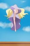  1girl barefoot blonde_hair blue_sky cloud day dress from_below fuurin_asumi haruyama_kazunori healin&#039;_good_precure jumping legs long_hair no_panties outdoors precure purple_dress sky soles solo 